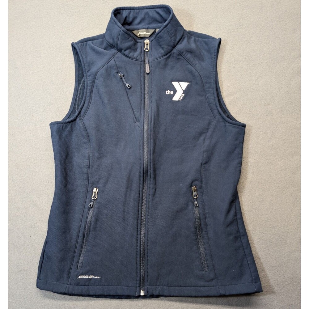 Eddie Bauer Women's Full Zip Softshell Vest Navy Blue YMCA Logo Size M